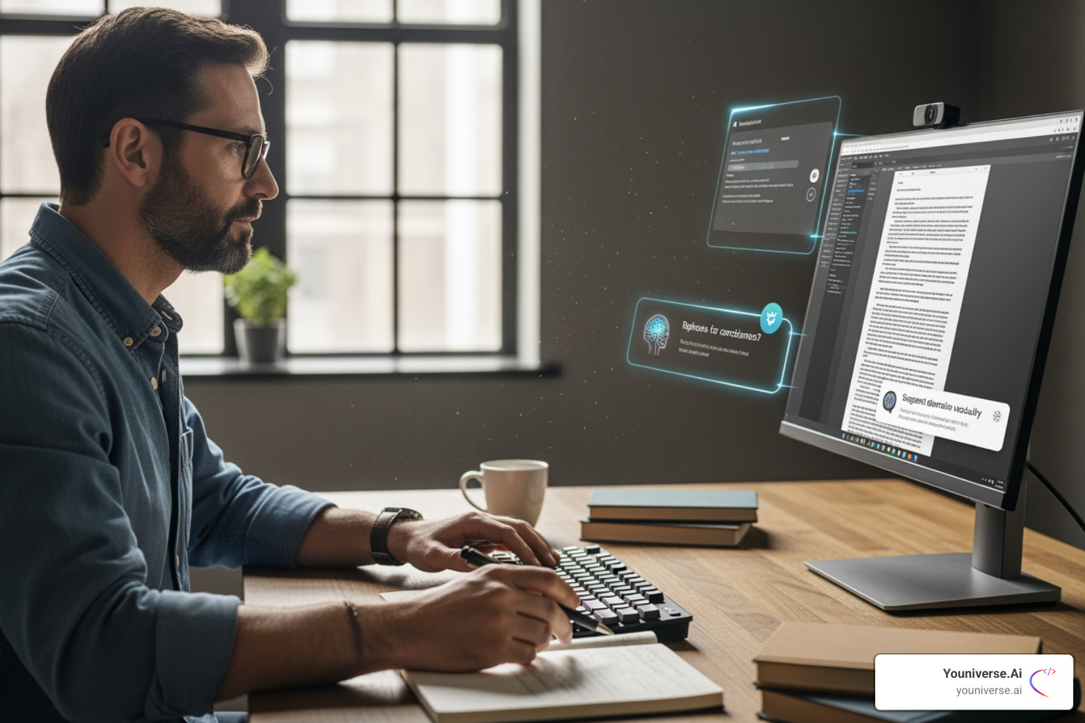 A writer collaborating with an AI assistant on a screen, showing a harmonious blend of human creativity and AI efficiency. - AI-driven search optimization