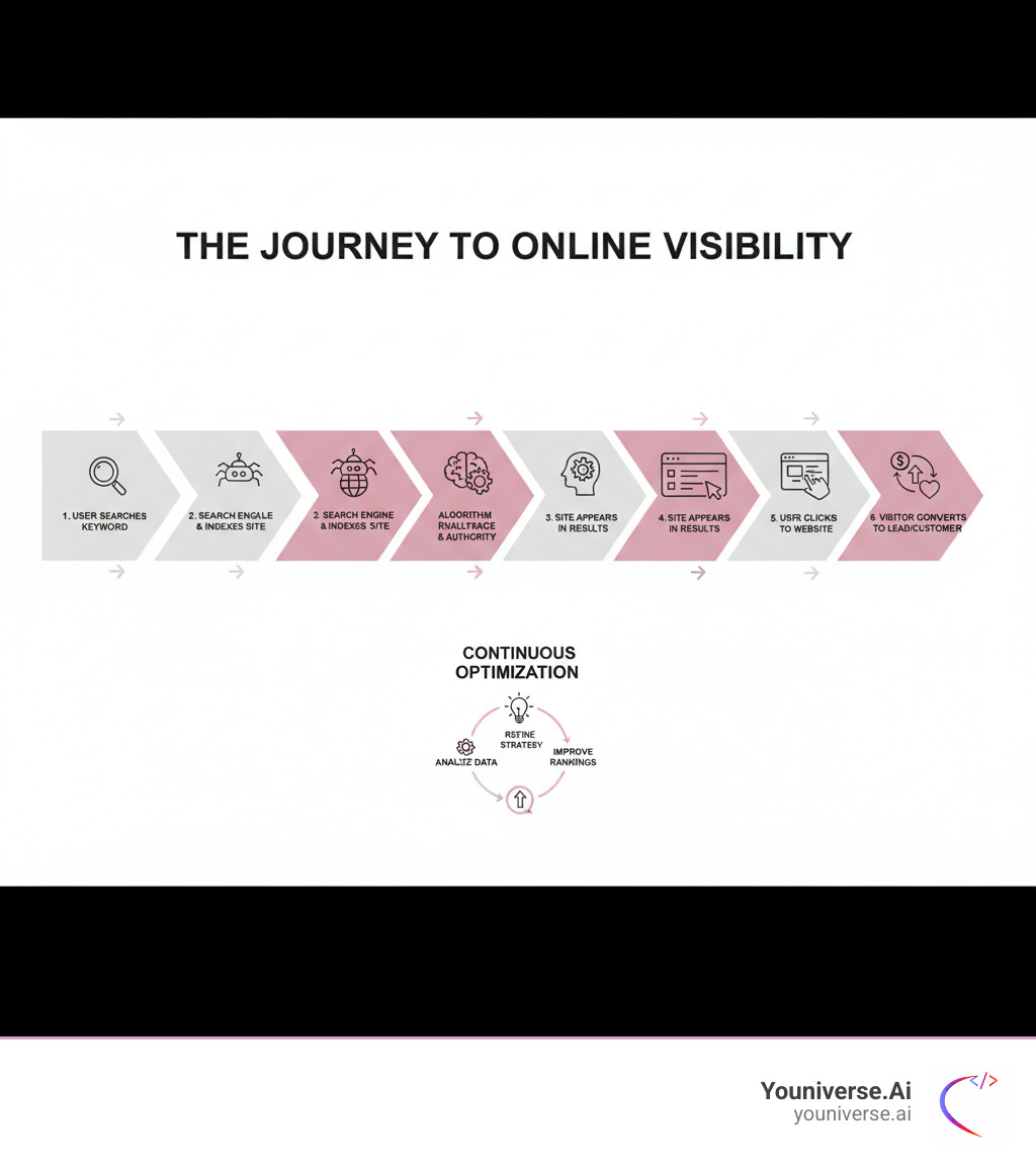 infographic showing the path from search query to website visibility: user searches keyword, search engine crawls and indexes site, algorithm evaluates relevance and authority, site appears in results, user clicks through to website, visitor converts to lead or customer - Boost website visibility infographic infographic showing the path from search query to website visibility: user searches keyword, search engine crawls and indexes site, algorithm evaluates relevance and authority, site appears in results, user clicks through to website, visitor converts to lead or customer - Boost website visibility infographic
