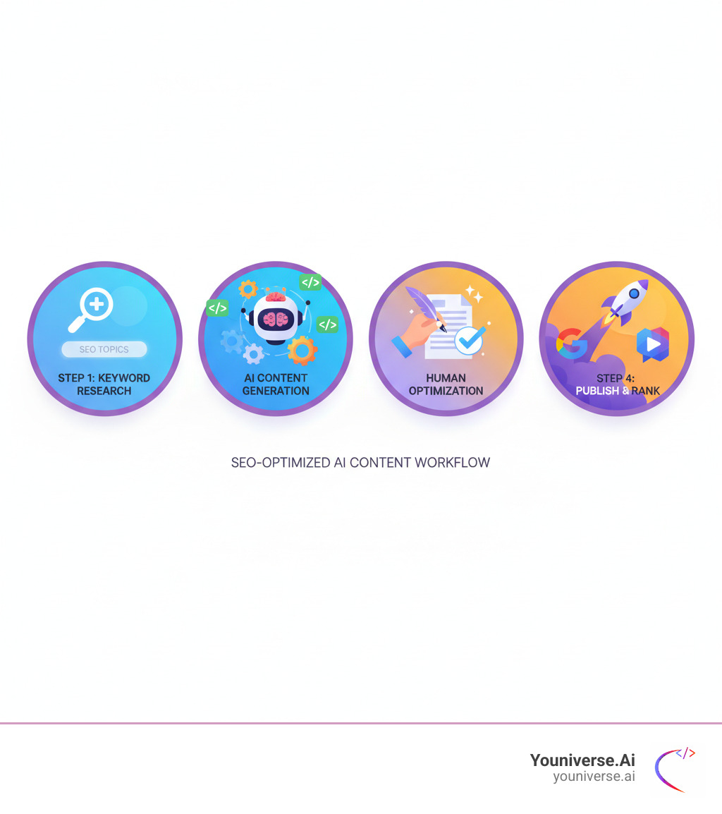 Infographic showing a 4-step workflow: Step 1 shows a keyword input with a magnifying glass icon; Step 2 shows an AI robot generating content with gears and code symbols; Step 3 shows a human editor polishing content with a checkmark and sparkle icons; Step 4 shows a rocket launching upward with Google and ChatGPT logos, representing publishing and ranking success - seo optimized ai content generator infographic 