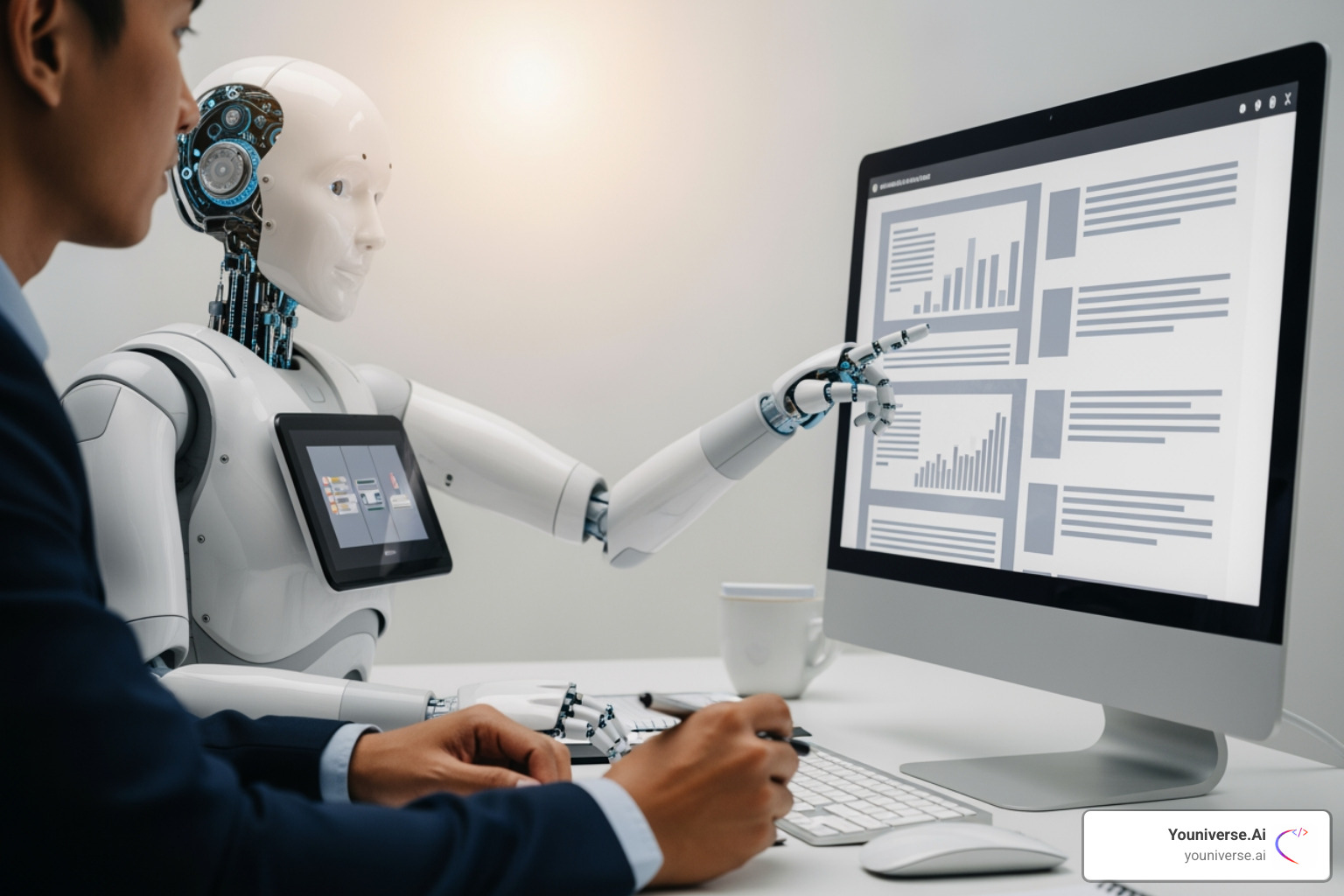 A person and a robot work side-by-side at a desk, looking at a computer screen displaying content. The person is making edits with a pen, while the robot points to a section, symbolizing human oversight and AI assistance in content refinement - seo optimized ai content generator