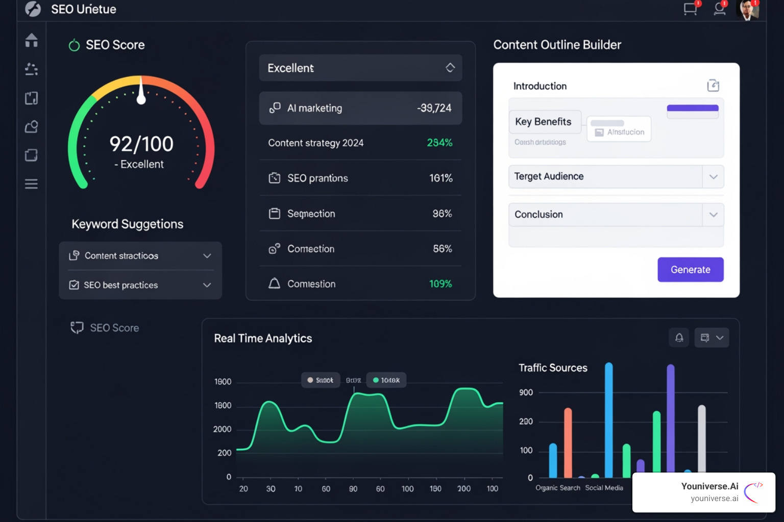 A vibrant software dashboard displaying an SEO score dial, a list of keyword suggestions, an outline builder, and real-time content analysis metrics, all illustrating the comprehensive features of an AI content generator - seo optimized ai content generator