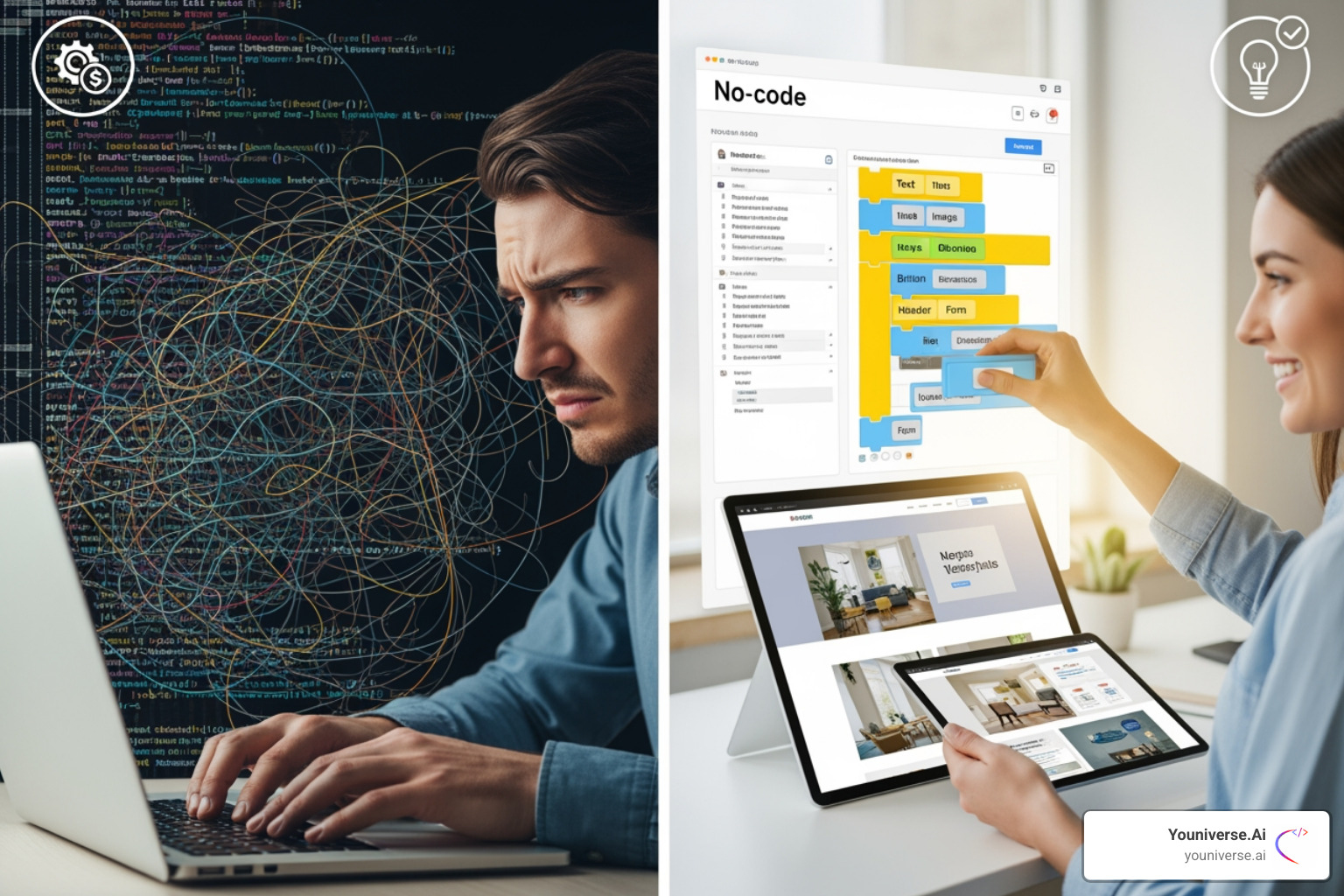 A clean, intuitive drag-and-drop editor in action, showing a website layout being assembled with various elements like text, images, and buttons being moved around effortlessly on a screen - what makes a no code website builder effective