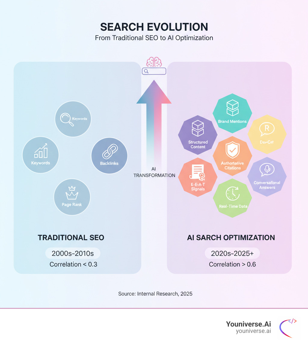 Infographic showing the evolution from traditional SEO (keywords, backlinks, page rank) to AI Search Optimization (brand mentions, structured content, authoritative citations, E-E-A-T signals, real-time data, conversational answers) - AI search ranking factors infographic Infographic showing the evolution from traditional SEO (keywords, backlinks, page rank) to AI Search Optimization (brand mentions, structured content, authoritative citations, E-E-A-T signals, real-time data, conversational answers) - AI search ranking factors infographic