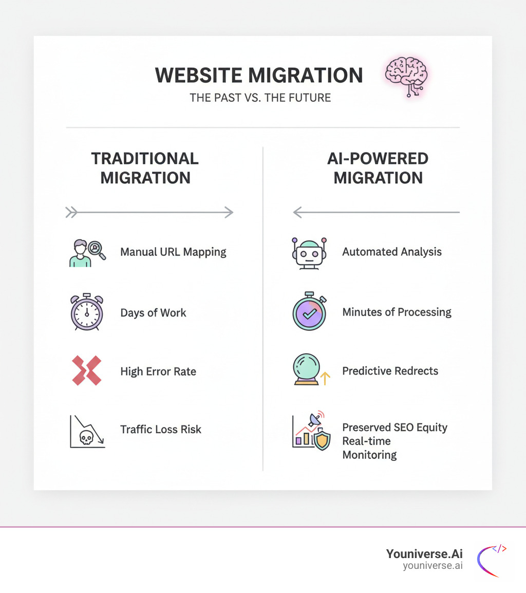 Infographic showing the AI website migration process: traditional migration (manual URL mapping, days of work, high error rate, traffic loss risk) versus AI-powered migration (automated analysis, minutes of processing, predictive redirects, preserved SEO equity, real-time monitoring) - AI website migration infographic 