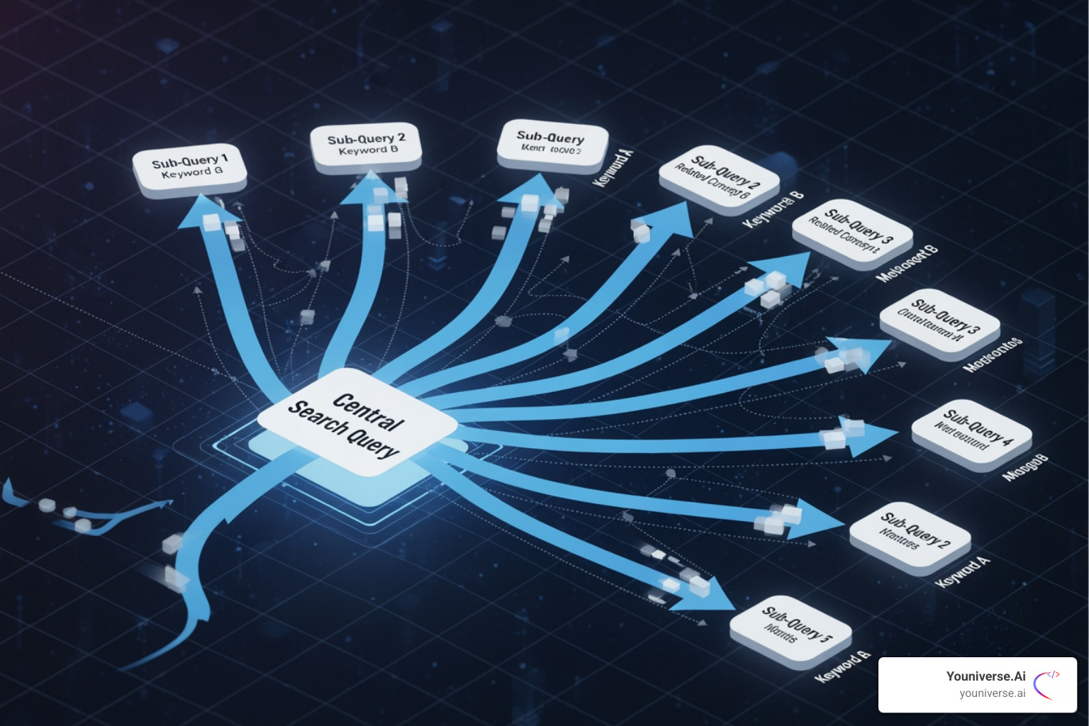 Diagram illustrating query fan-out in AI search - AI search ranking factors Diagram illustrating query fan-out in AI search - AI search ranking factors