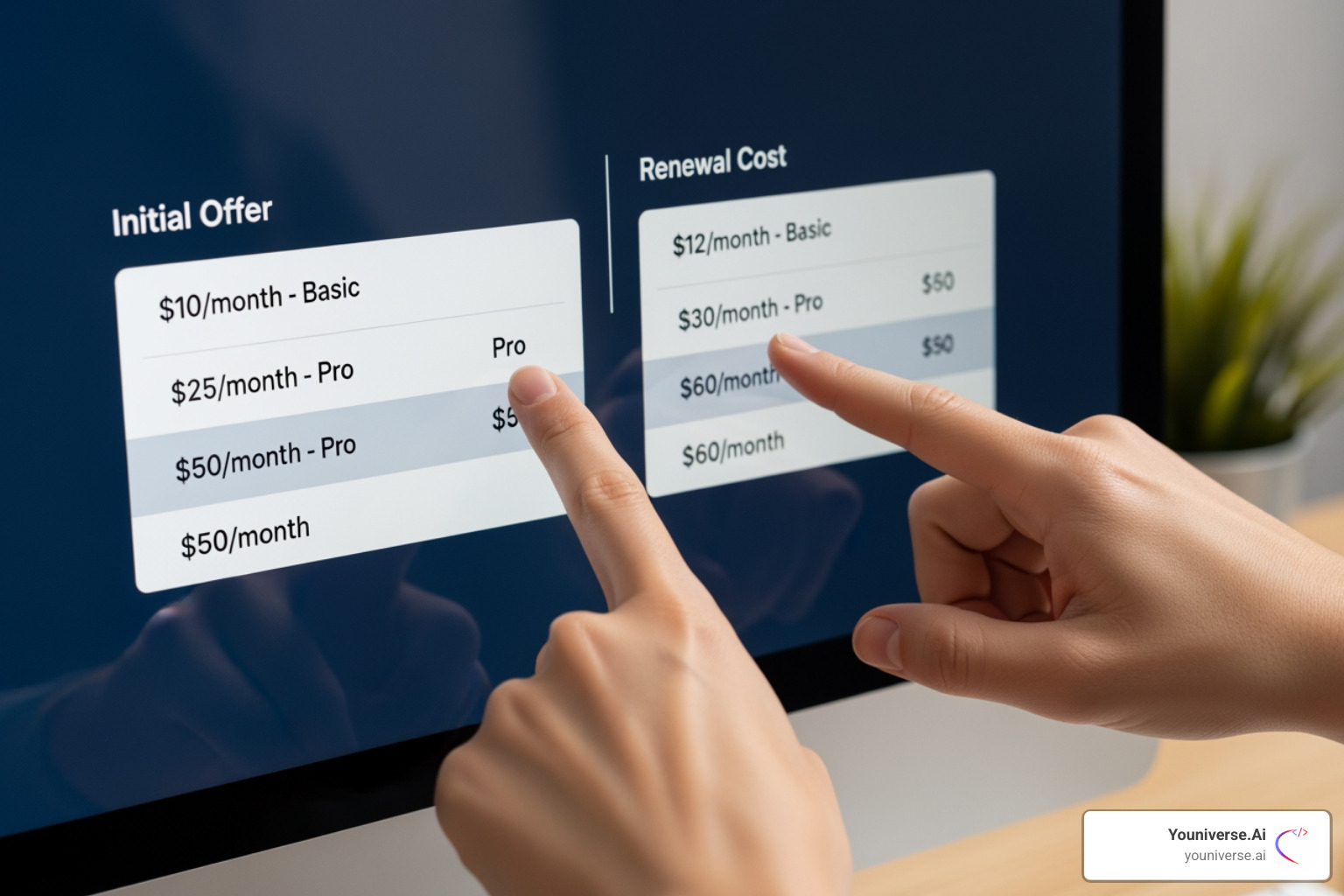 Person comparing different pricing plans on a screen, highlighting introductory offers and renewal costs - web hosting for entrepreneurs Person comparing different pricing plans on a screen, highlighting introductory offers and renewal costs - web hosting for entrepreneurs