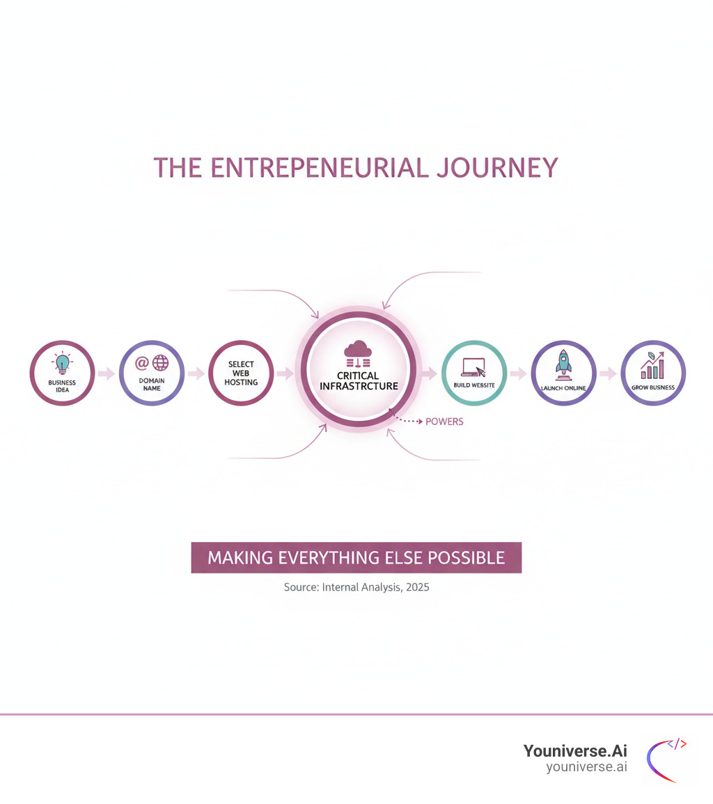 Infographic showing the entrepreneurial journey: Business Idea → Choose Domain Name → Select Web Hosting → Build Website → Launch Online → Grow Business, with web hosting highlighted as the critical infrastructure step that makes everything else possible - web hosting for entrepreneurs infographic Infographic showing the entrepreneurial journey: Business Idea → Choose Domain Name → Select Web Hosting → Build Website → Launch Online → Grow Business, with web hosting highlighted as the critical infrastructure step that makes everything else possible - web hosting for entrepreneurs infographic