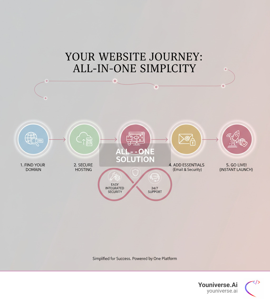 infographic explaining the journey from getting a domain to a live website using an all-in-one solution - all-in-one web hosting infographic 
