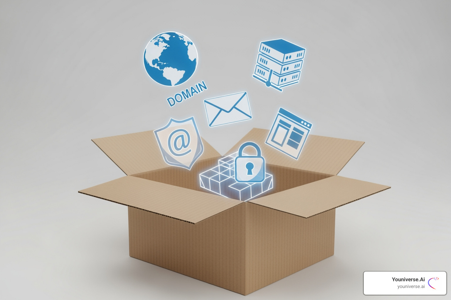 box opening with icons for domain, hosting, email, security, and a website builder floating out - all-in-one web hosting