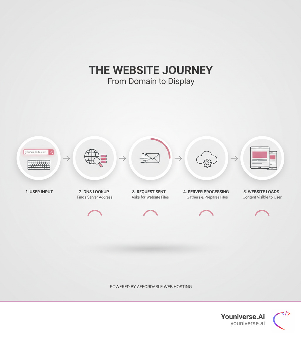 infographic explaining the journey from a user typing a domain to the website loading from a server - affordable web hosting small business infographic infographic explaining the journey from a user typing a domain to the website loading from a server - affordable web hosting small business infographic