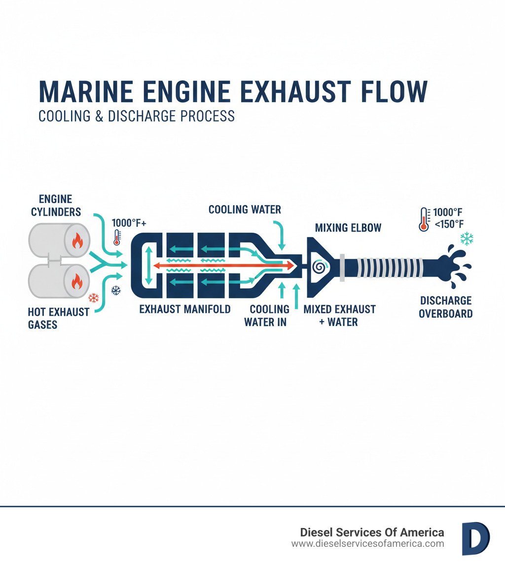 Infographic showing the flow of hot exhaust gases entering the manifold from engine cylinders, cooling water circulating through water jacket passages around the manifold, mixed exhaust and water exiting through the mixing elbow, and final discharge through exhaust hose - marine engine exhaust manifold infographic 