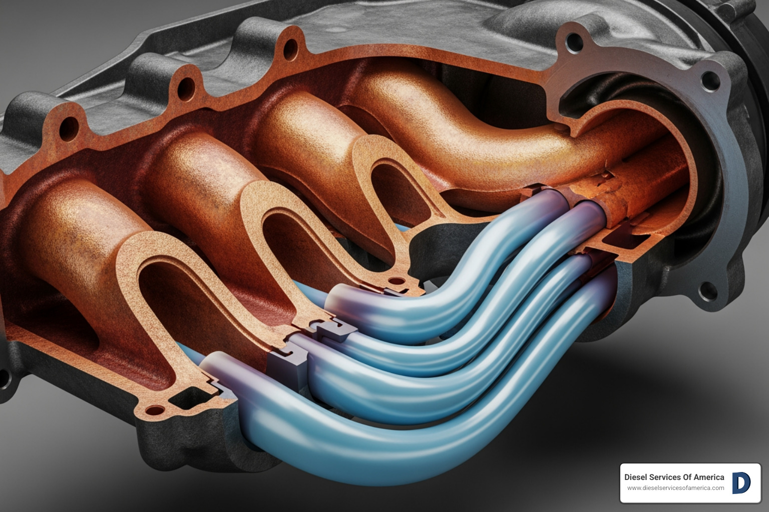 cutaway showing the internal water and exhaust passages of a manifold - marine engine exhaust manifold