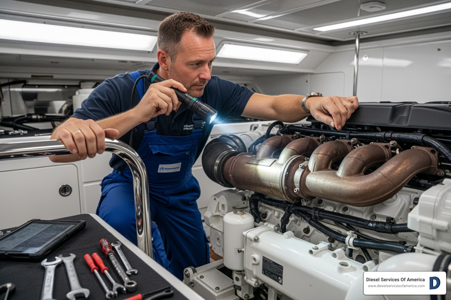technician inspecting an exhaust manifold with a flashlight - marine engine exhaust manifold
