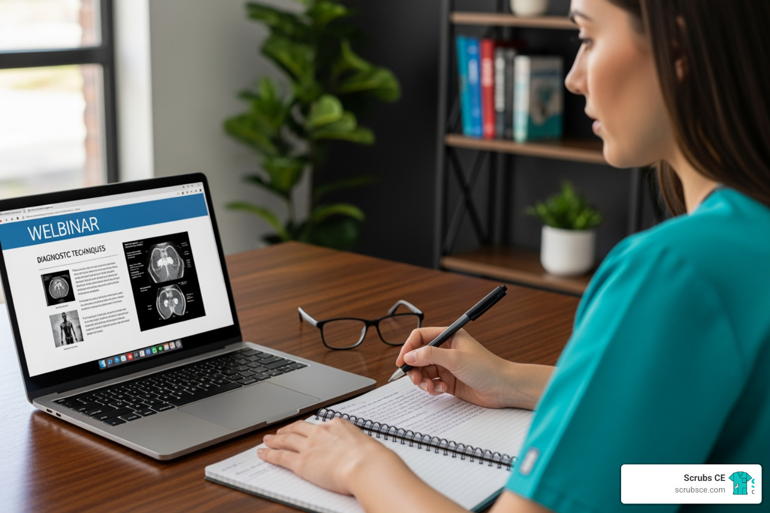 A radiologic technologist participating in an online webinar for CE credits, attentively watching the screen and taking notes. - radiology tech ce credits A radiologic technologist participating in an online webinar for CE credits, attentively watching the screen and taking notes. - radiology tech ce credits