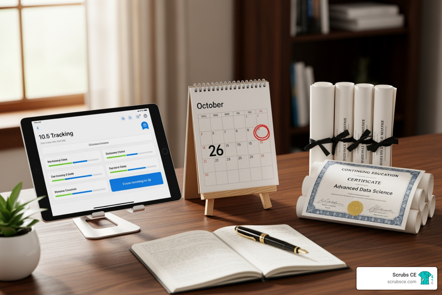 A calendar with the birth month circled, next to a stack of CE certificates and a tablet displaying a CE tracking app. - radiology tech ce credits A calendar with the birth month circled, next to a stack of CE certificates and a tablet displaying a CE tracking app. - radiology tech ce credits