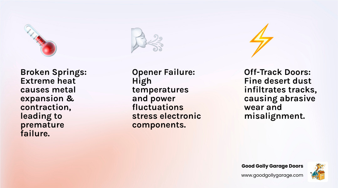 Infographic showing the top 3 reasons for garage door emergencies in Las Vegas: Broken Springs due to extreme temperature swings, Off-Track Doors from metal expansion and dust buildup, and Opener Failure from power surges and heat, with desert sun and dust cloud icons - Find companies in Las Vegas for emergency repair of garage doors. infographic 3_facts_emoji_light-gradient Infographic showing the top 3 reasons for garage door emergencies in Las Vegas: Broken Springs due to extreme temperature swings, Off-Track Doors from metal expansion and dust buildup, and Opener Failure from power surges and heat, with desert sun and dust cloud icons - Find companies in Las Vegas for emergency repair of garage doors. infographic 3_facts_emoji_light-gradient