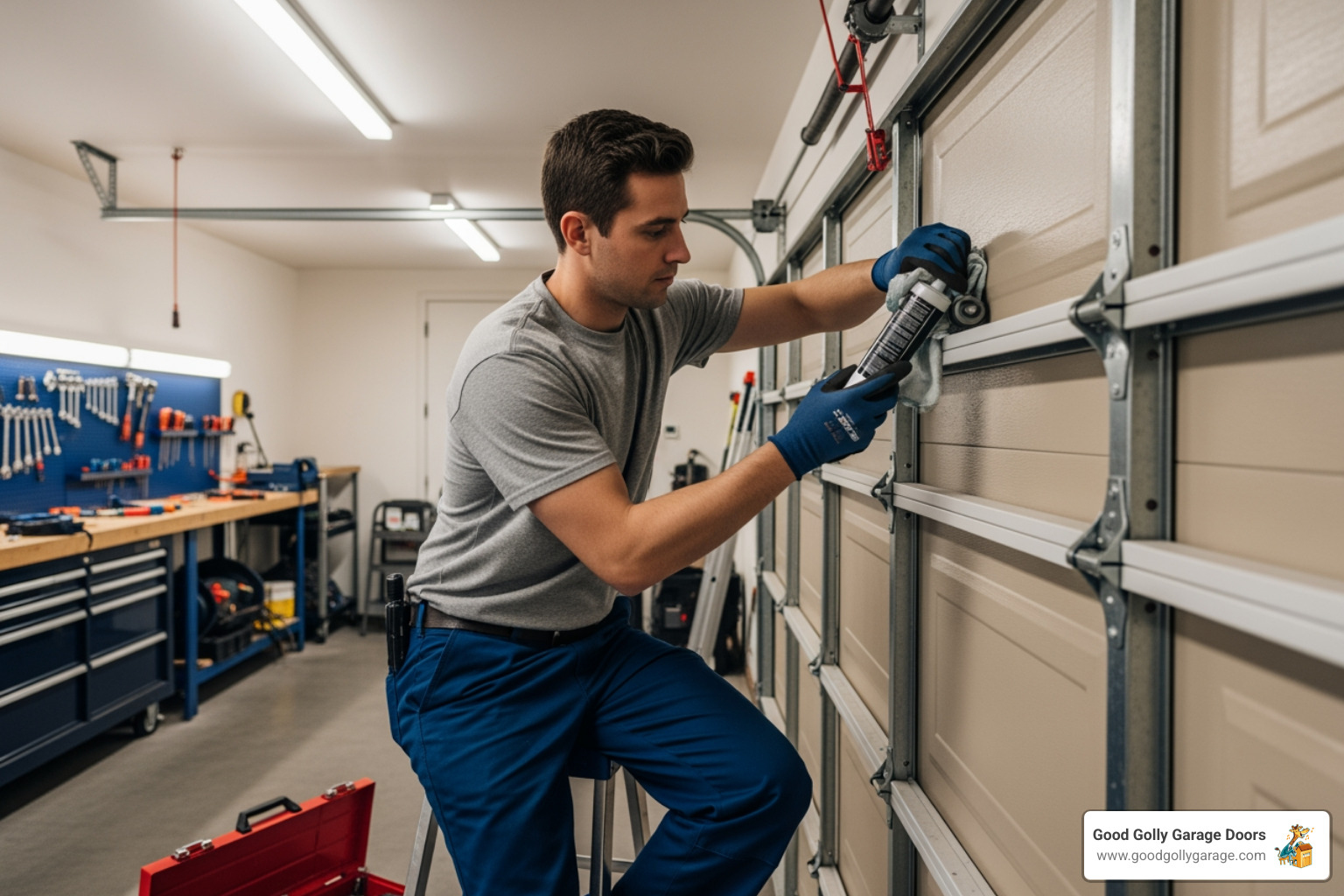 A professional garage door technician is meticulously lubricating the rollers and hinges of a garage door as part of a routine maintenance check. The garage is well-lit, and the technician is wearing gloves, demonstrating attention to detail and care for the homeowner's equipment. - Find companies in Las Vegas for emergency repair of garage doors. A professional garage door technician is meticulously lubricating the rollers and hinges of a garage door as part of a routine maintenance check. The garage is well-lit, and the technician is wearing gloves, demonstrating attention to detail and care for the homeowner's equipment. - Find companies in Las Vegas for emergency repair of garage doors.