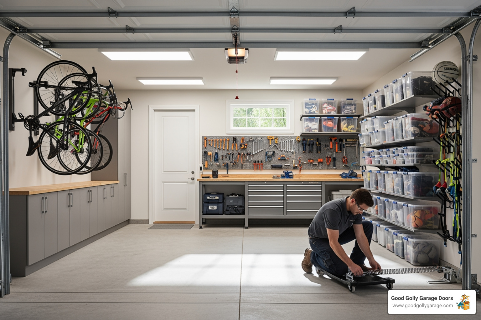 A clean and clear garage space, with the car moved out and any obstacles like bikes or storage boxes neatly arranged against the walls, ready for a garage door technician to work safely and efficiently. - Find companies in Las Vegas for emergency repair of garage doors. A clean and clear garage space, with the car moved out and any obstacles like bikes or storage boxes neatly arranged against the walls, ready for a garage door technician to work safely and efficiently. - Find companies in Las Vegas for emergency repair of garage doors.