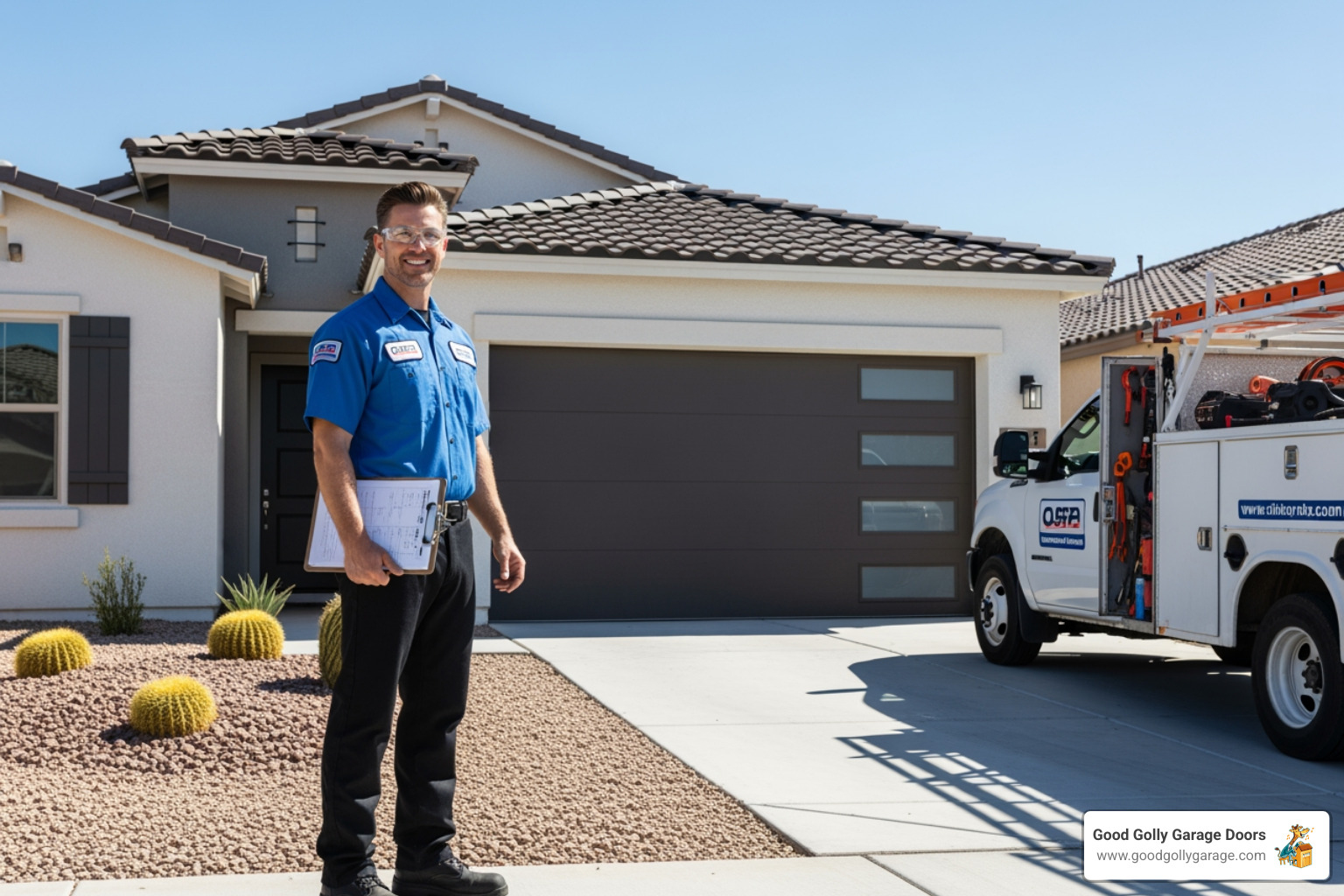 A friendly, professional garage door technician in uniform, wearing safety glasses, arriving at a modern Las Vegas suburban home in a fully stocked service truck. The technician is smiling and holding a clipboard, ready to assess the garage door issue. - Find companies in Las Vegas for emergency repair of garage doors. A friendly, professional garage door technician in uniform, wearing safety glasses, arriving at a modern Las Vegas suburban home in a fully stocked service truck. The technician is smiling and holding a clipboard, ready to assess the garage door issue. - Find companies in Las Vegas for emergency repair of garage doors.
