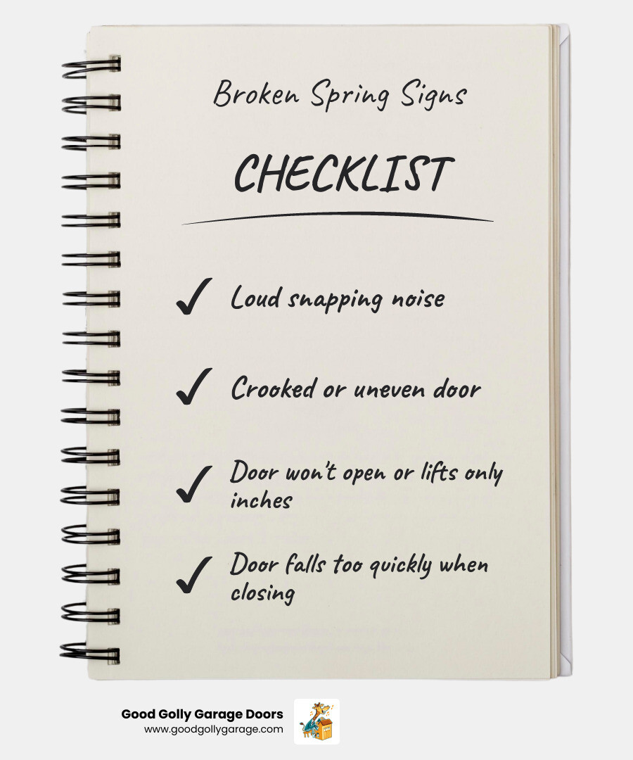 Infographic showing five warning signs of a broken garage door spring: a loud bang or snap sound, door hanging crooked or uneven, door refusing to open or only lifting inches, door falling too quickly when closing, and visible gaps or separation in the spring coils - Who offers reliable garage door spring replacement in Austin? infographic checklist-notebook