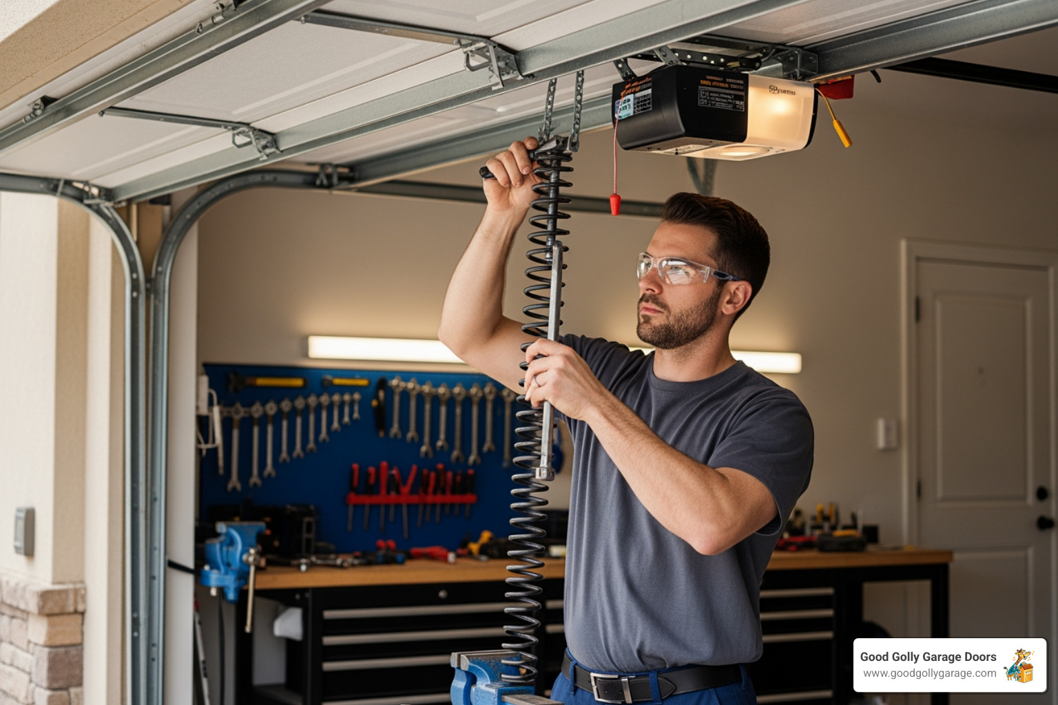 A professional garage door technician, wearing safety glasses, carefully and expertly replacing a garage door torsion spring with specialized tools - Who offers reliable garage door spring replacement in Austin?
