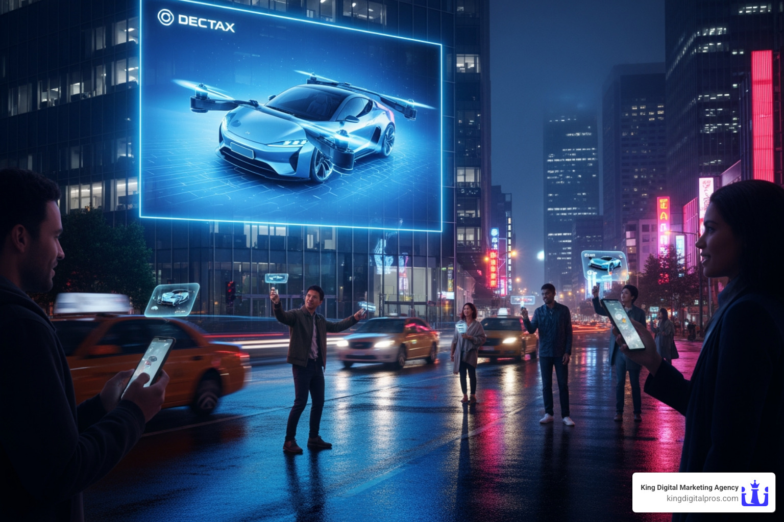 futuristic augmented reality ad on a city street - place based advertising