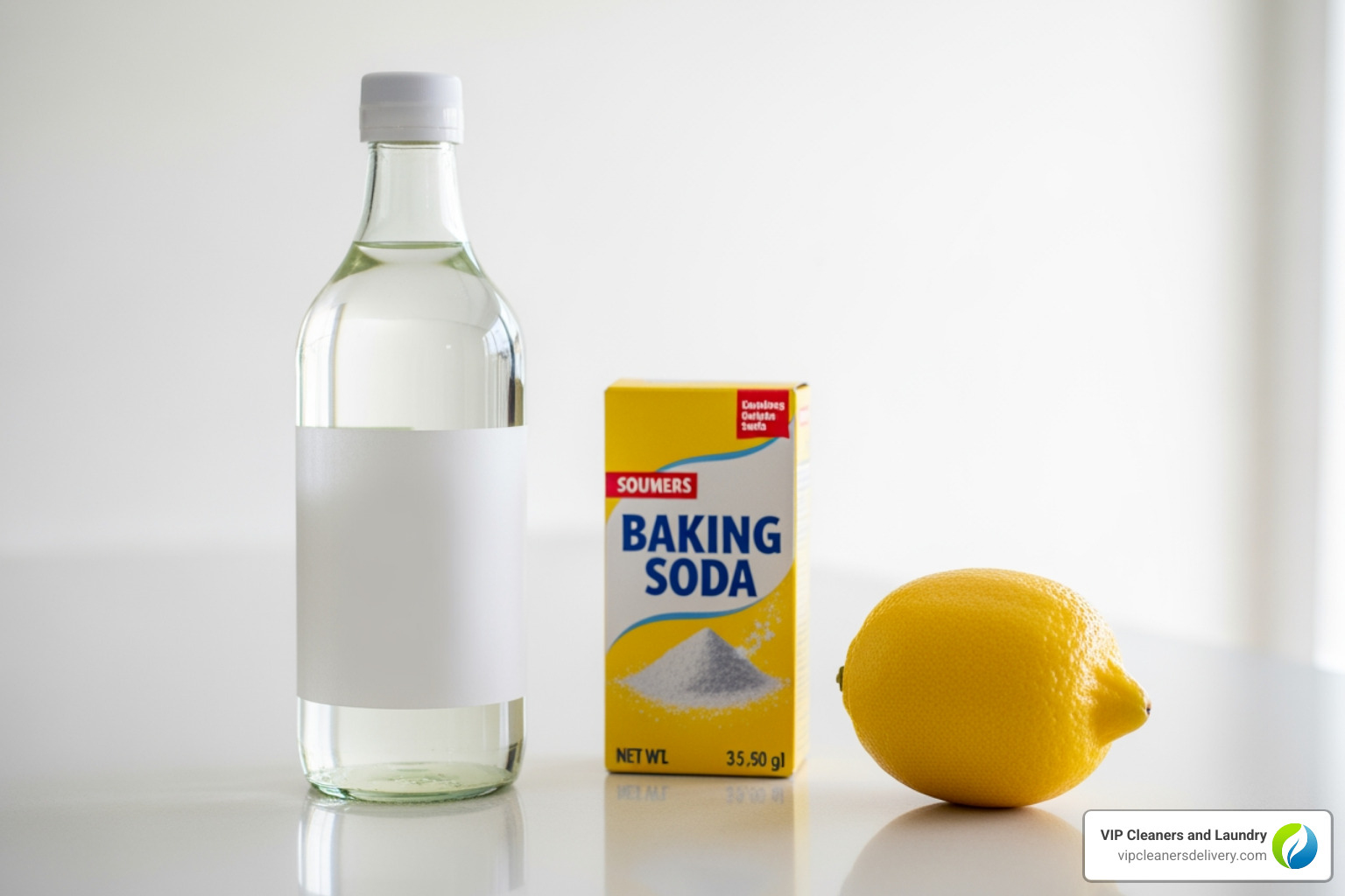 A bottle of white vinegar, a box of baking soda, and a fresh lemon - how to get undershirts white again