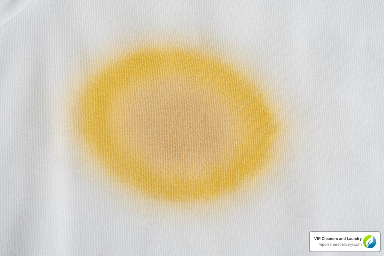 Close-up of a yellowed armpit stain on a white t-shirt - how to get undershirts white again
