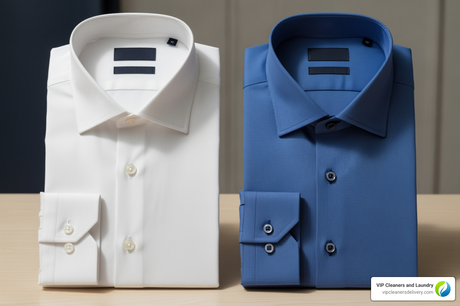 a white dress shirt side-by-side with a colored dress shirt, showing the different treatments for each - how to remove neck stains from dress shirts