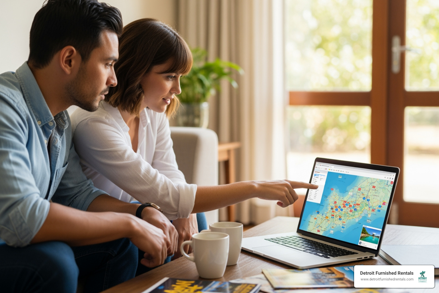A couple looking at a laptop, planning a vacation - all inclusive Detroit