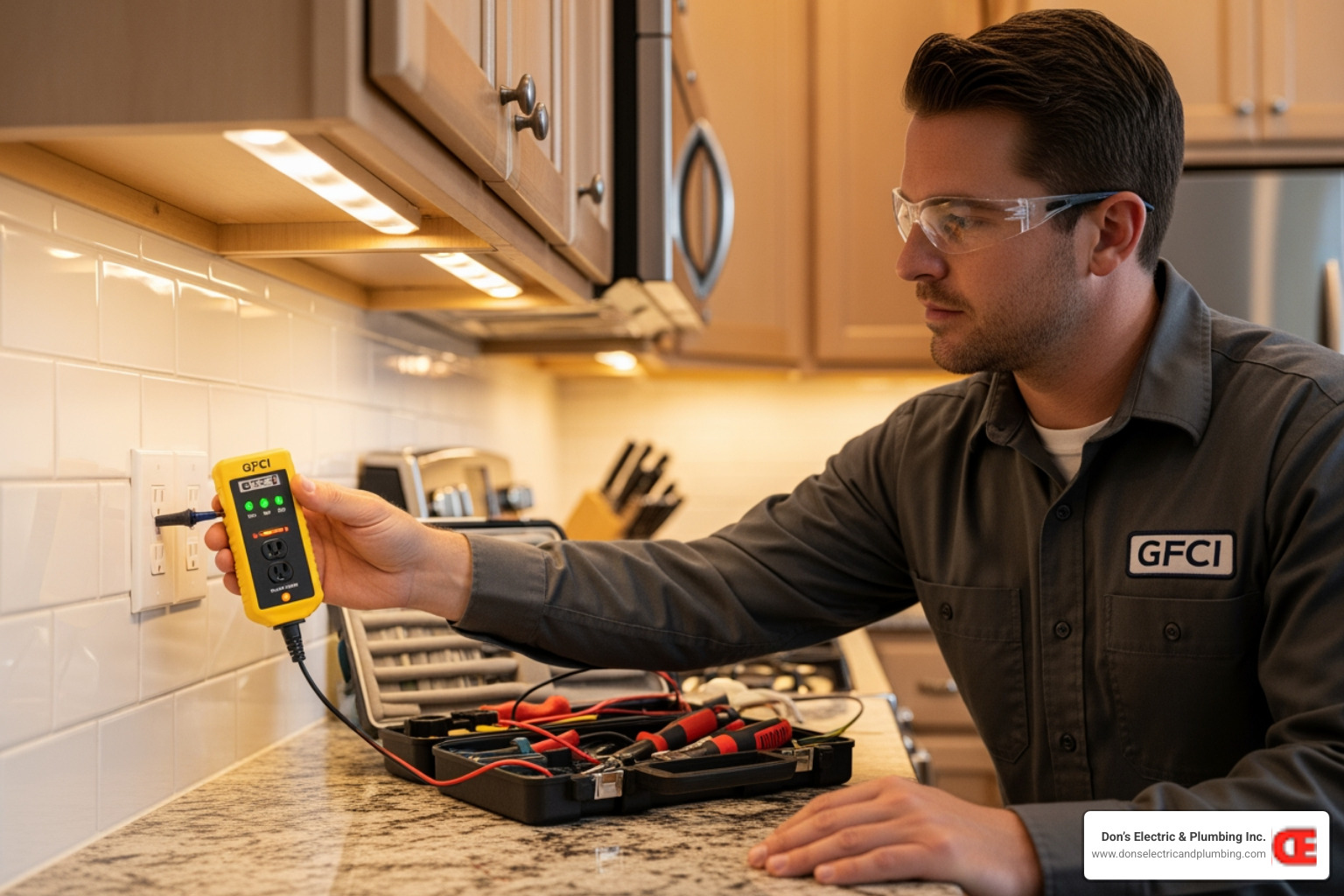 licensed electrician testing a GFCI outlet with a plug-in tester - Who can I call for routine electrical maintenance in Palatine? licensed electrician testing a GFCI outlet with a plug-in tester - Who can I call for routine electrical maintenance in Palatine?