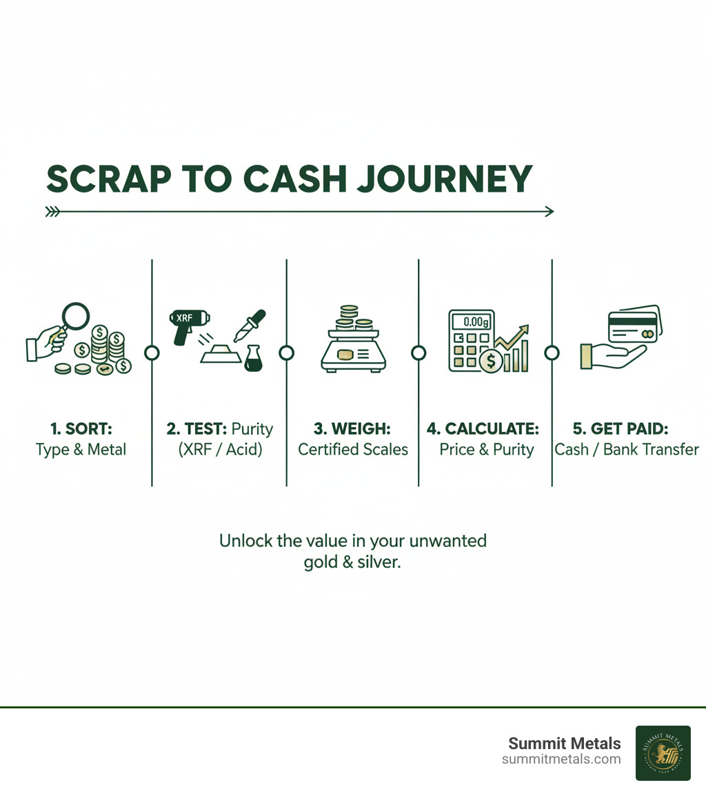 Infographic showing the journey from scrap metal to cash: Step 1 - Sort items by type and metal, Step 2 - Professional testing for purity using XRF or acid test, Step 3 - Precise weighing on certified scales, Step 4 - Offer calculation based on spot price and purity, Step 5 - Immediate payment via cash or bank transfer - selling scrap gold and silver infographic Infographic showing the journey from scrap metal to cash: Step 1 - Sort items by type and metal, Step 2 - Professional testing for purity using XRF or acid test, Step 3 - Precise weighing on certified scales, Step 4 - Offer calculation based on spot price and purity, Step 5 - Immediate payment via cash or bank transfer - selling scrap gold and silver infographic