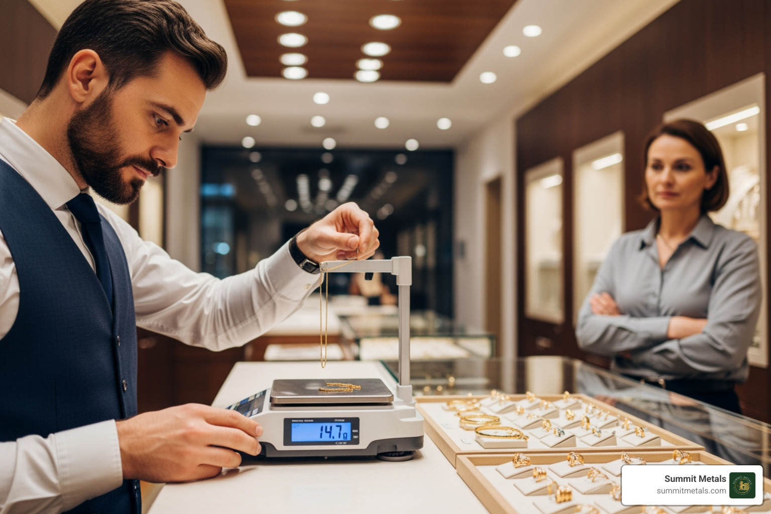 professional using a scale to weigh gold jewelry in front of a customer - selling scrap gold and silver professional using a scale to weigh gold jewelry in front of a customer - selling scrap gold and silver