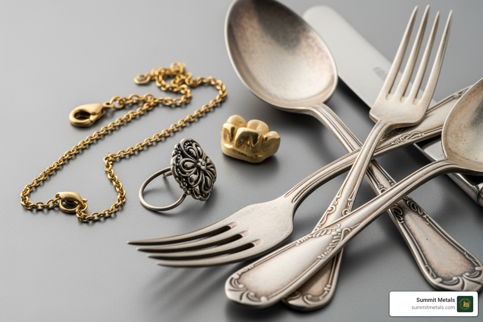 different types of scrap: a broken necklace, a single earring, dental gold, and old silver cutlery - selling scrap gold and silver different types of scrap: a broken necklace, a single earring, dental gold, and old silver cutlery - selling scrap gold and silver