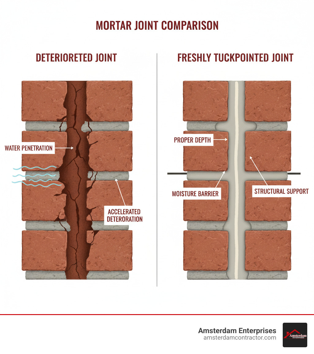 infographic showing cross-section comparison of deteriorated mortar joint versus freshly tuckpointed joint with labels indicating proper depth, moisture barrier, and structural support - tuck pointing infographic 