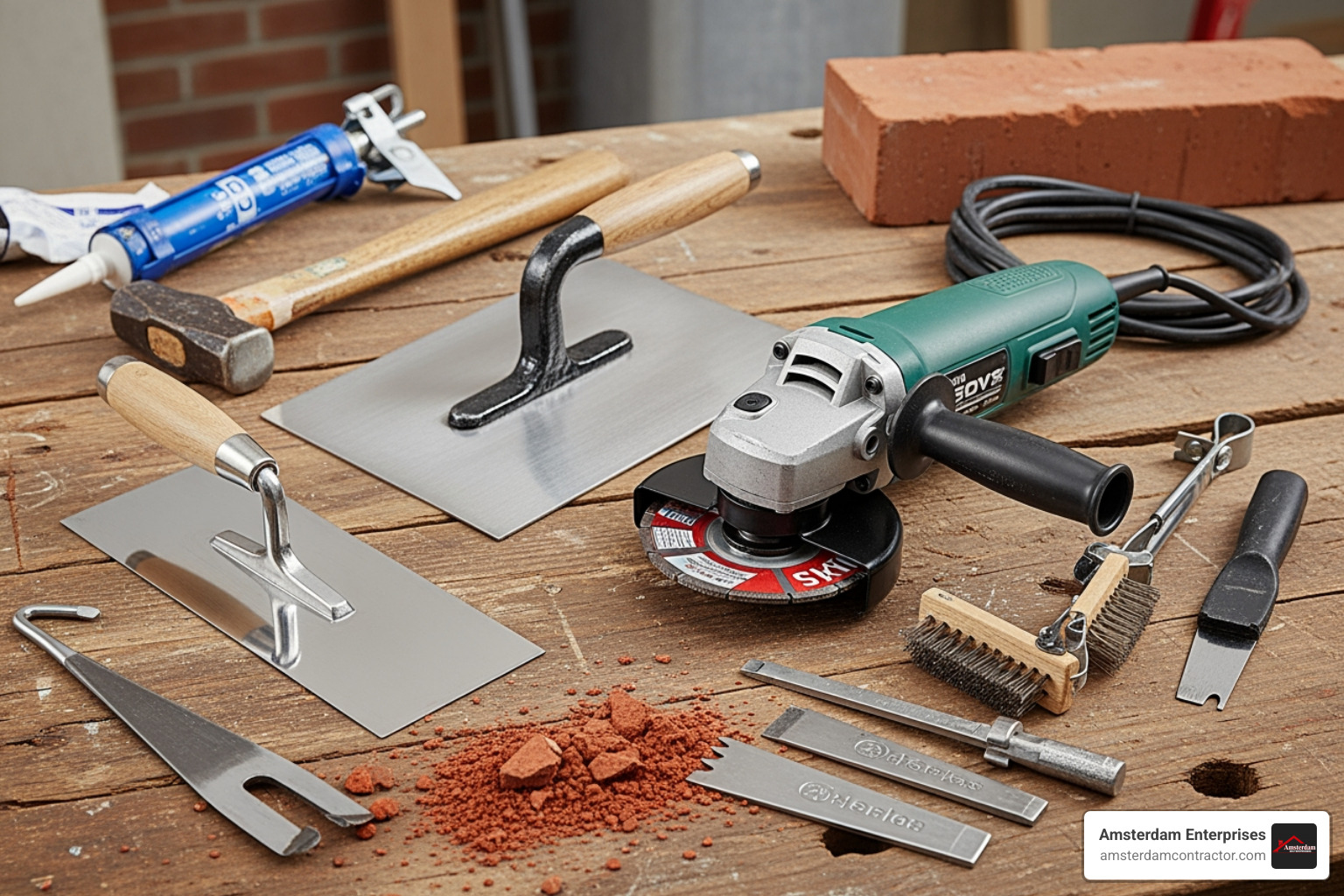 tuckpointing tools like a grinder, pointing trowel, and hawk - tuck pointing