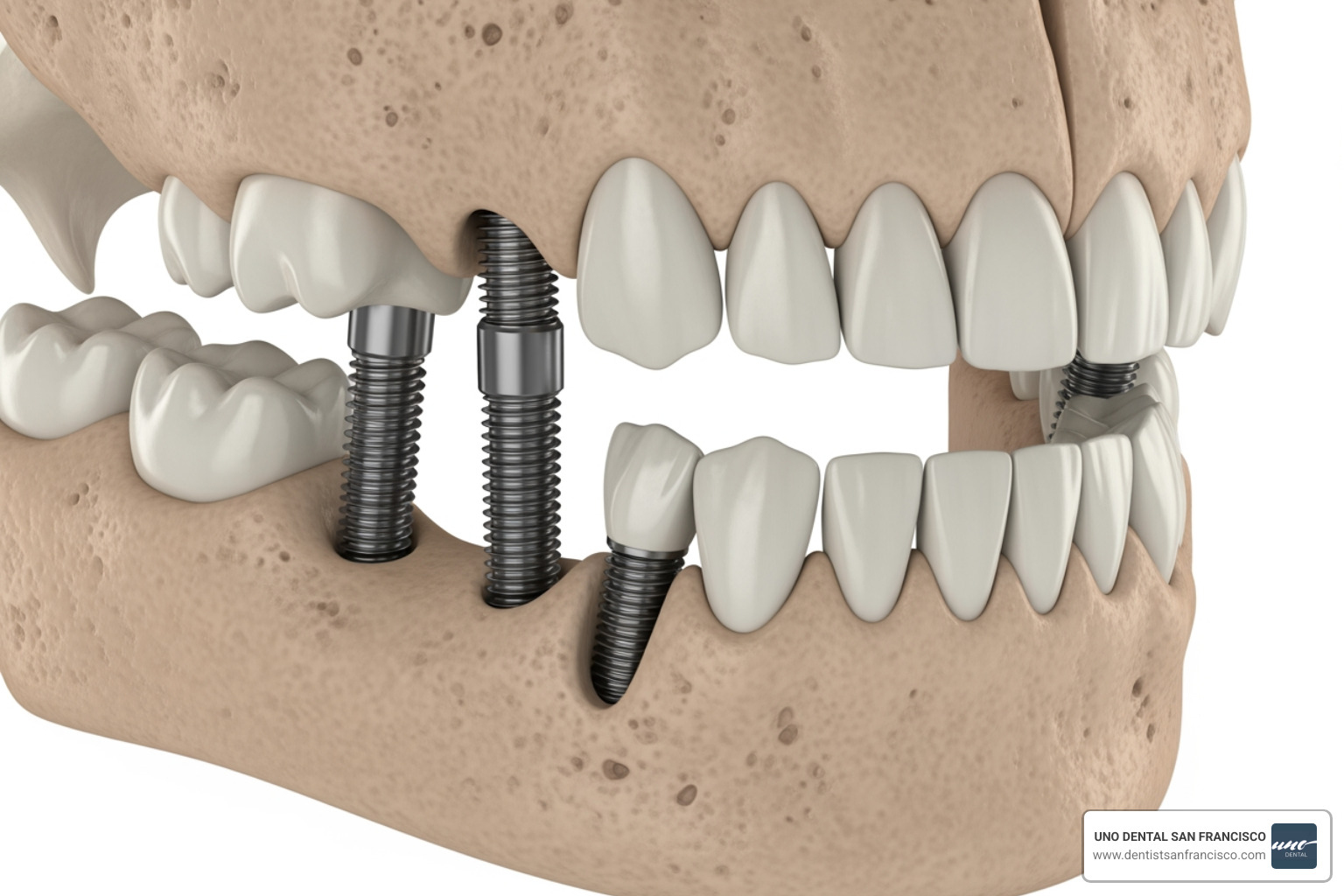 3D diagram showing the angled placement of All-on-4 implants in the jawbone - All on 4 San Francisco 3D diagram showing the angled placement of All-on-4 implants in the jawbone - All on 4 San Francisco