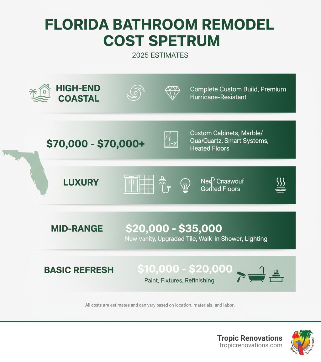 Infographic showing 2025 Florida bathroom remodel cost spectrum: Basic Refresh tier at $10,000-$20,000 includes paint, fixtures, refinishing; Mid-Range tier at $20,000-$35,000 includes new vanity, upgraded tile, walk-in shower, lighting; Luxury tier at $35,000-$70,000+ includes custom cabinets, marble or quartz, smart systems, heated floors; High-End Coastal at $70,000-$100,000+ includes complete custom build with premium materials and hurricane-resistant features - Bathroom remodel cost Florida infographic 