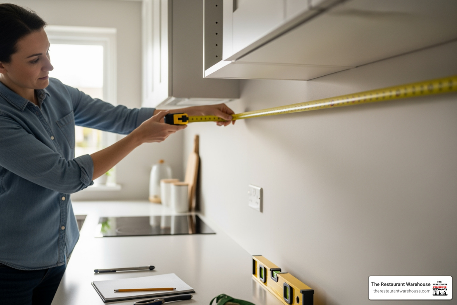 person measuring kitchen space for shelving - kitchen storage shelving