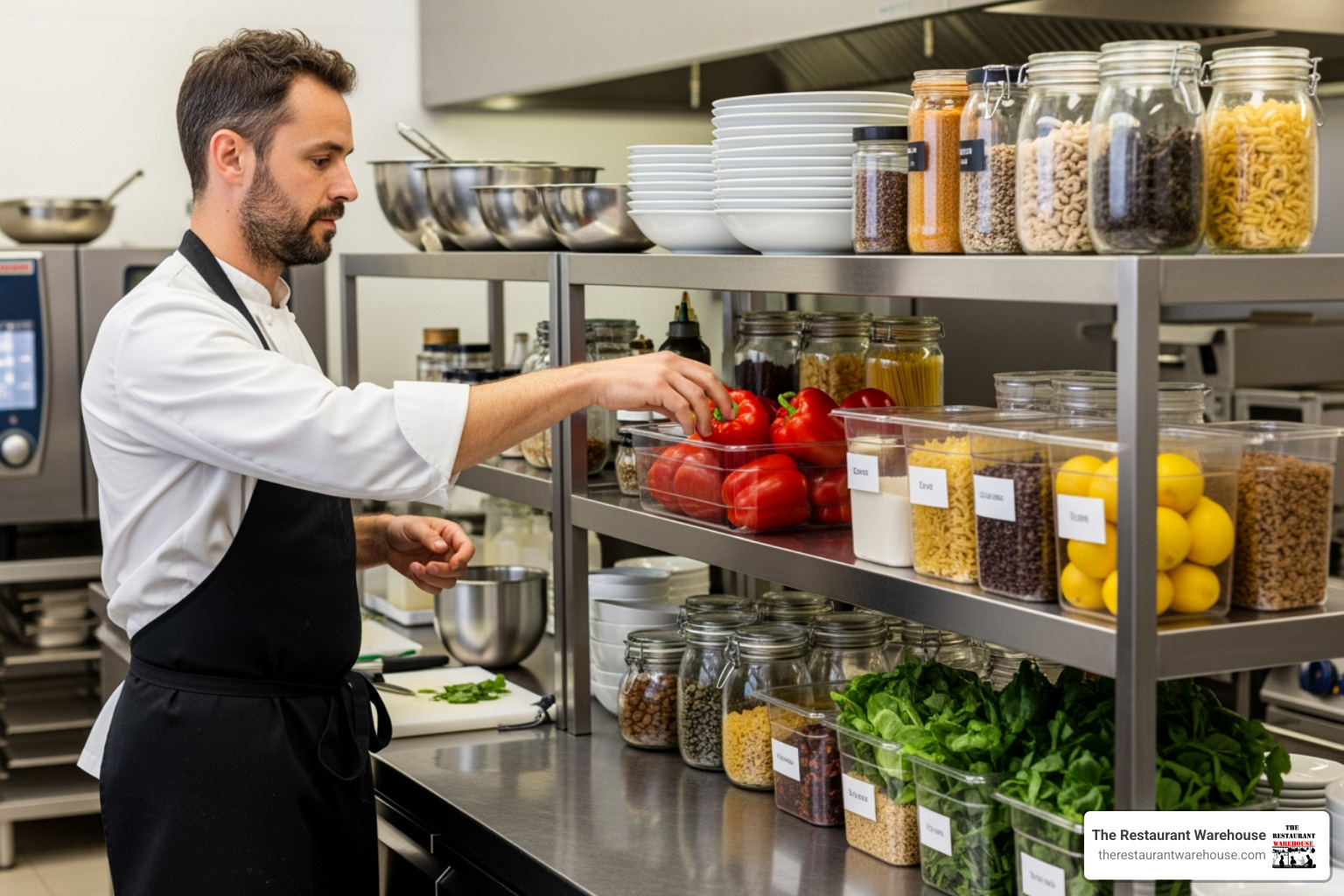 chef efficiently grabbing ingredients from organized kitchen shelving - kitchen storage shelving
