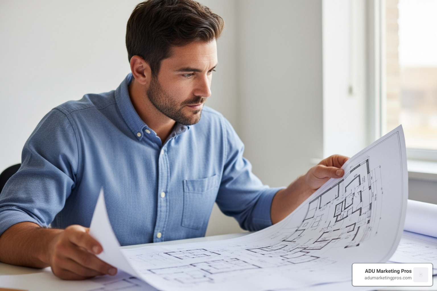 A city planner reviewing blueprints for an accessory dwelling unit. - accessory dwelling unit los angeles county