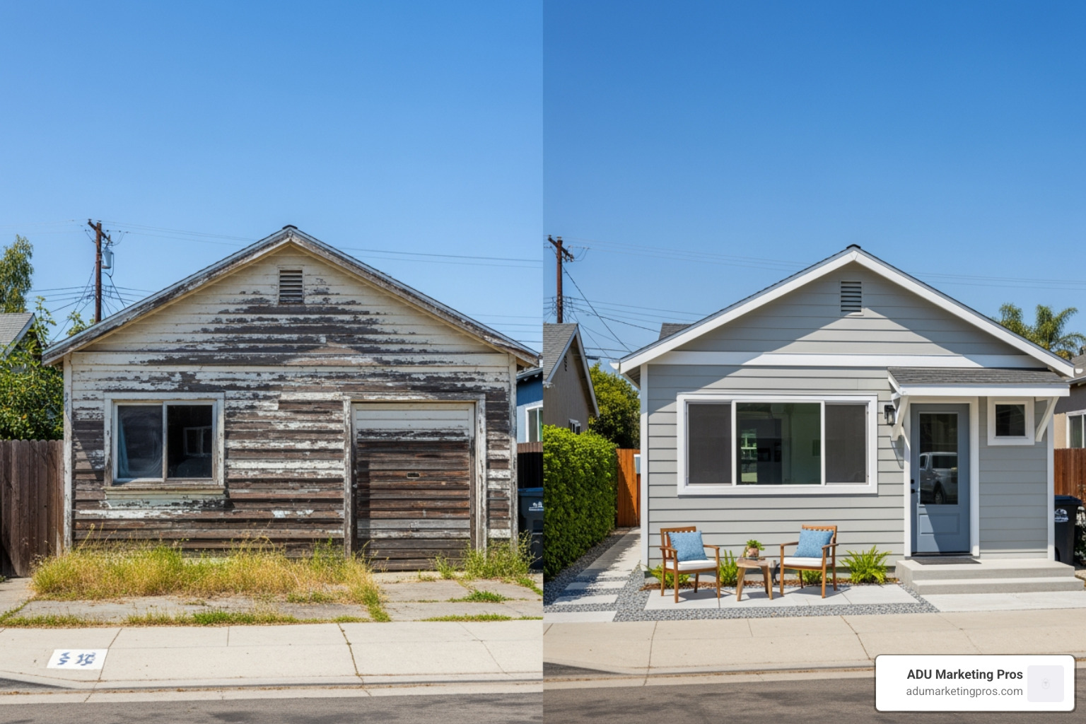 Before and after images showing a dilapidated garage transformed into a modern, livable accessory dwelling unit. - accessory dwelling unit los angeles county