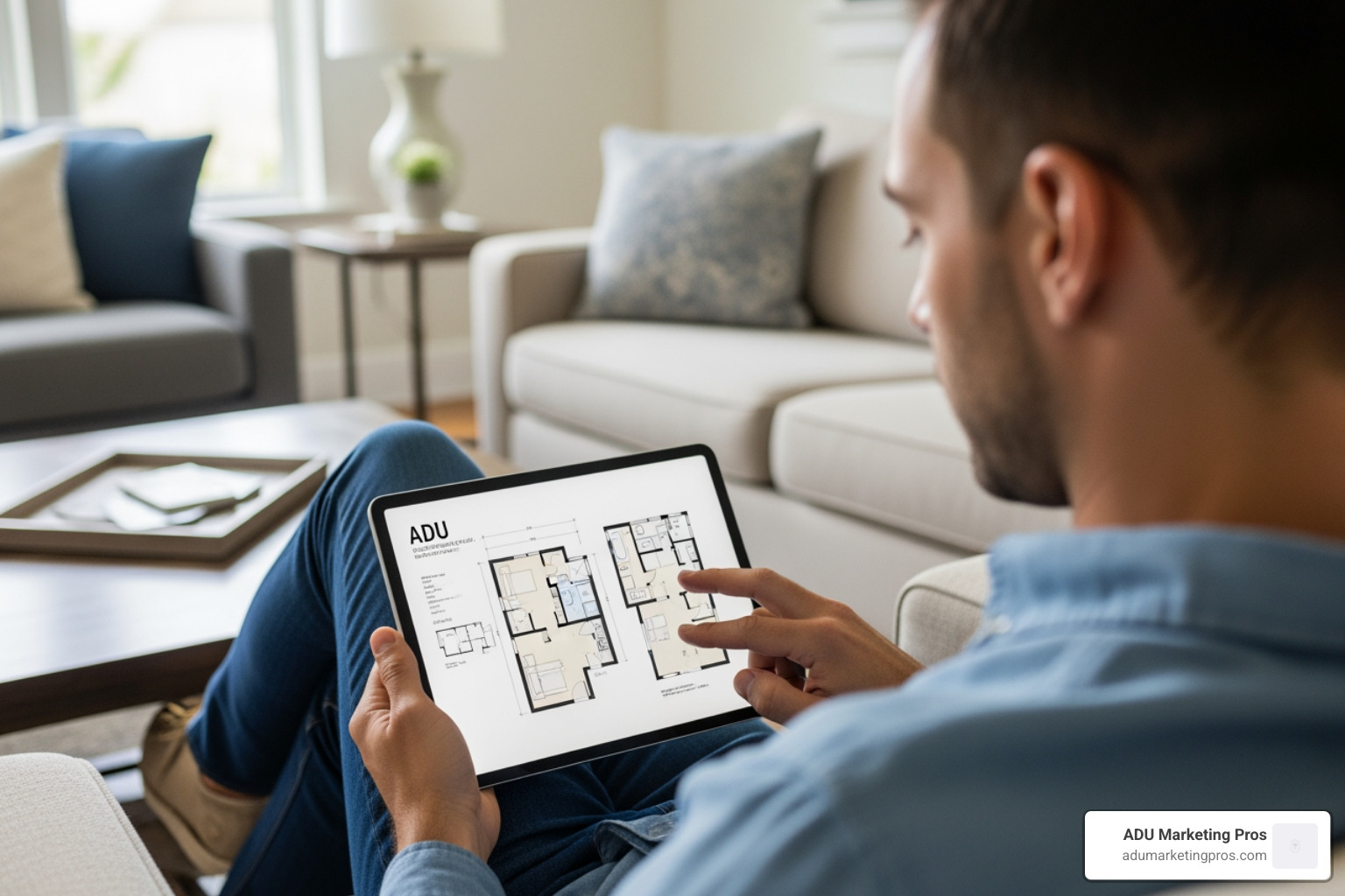 A homeowner reviewing pre-approved ADU floor plans on a tablet, highlighting the convenience and efficiency of standardized designs. - accessory dwelling unit los angeles county