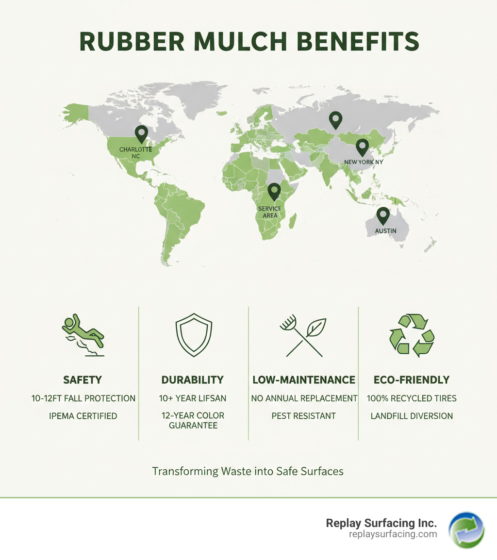 Infographic showing rubber mulch benefits across service areas: Safety features including 10-12ft fall protection and IPEMA certification; Durability benefits with 10+ year lifespan and 12-year color guarantee; Low-maintenance advantages with no annual replacement needed and pest resistance; Eco-friendly aspects including 100% recycled tire content and landfill waste diversion. Map overlay showing Replay Surfacing Inc. service areas in Charlotte NC, Austin TX, New York NY, and surrounding regions. - rubber mulch for sale in charlotte nc infographic 