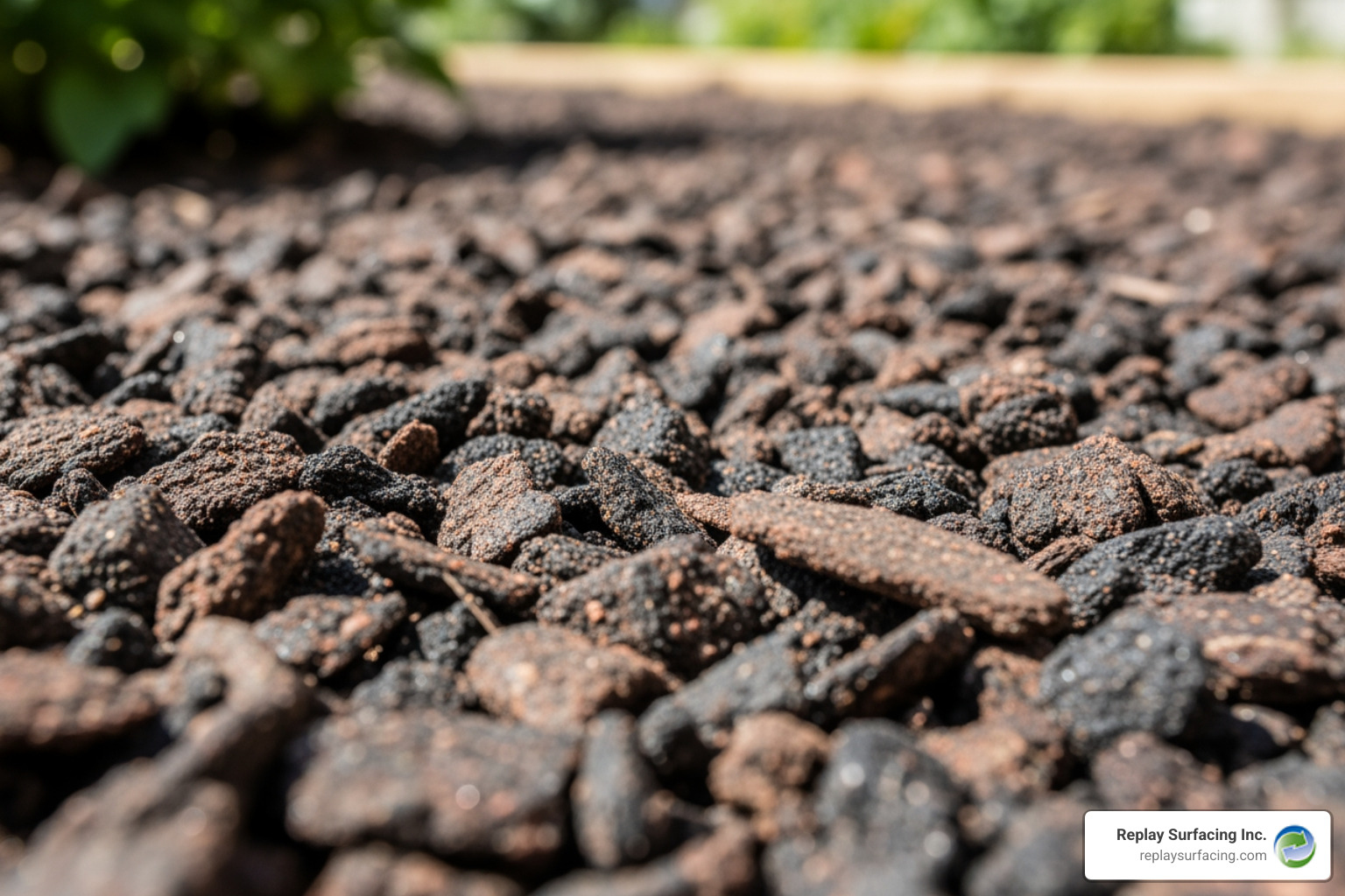 Close-up shot showing the texture of rubber mulch nuggets installed by Replay Surfacing Inc. in Columbia, SC - rubber mulch for sale in charlotte nc