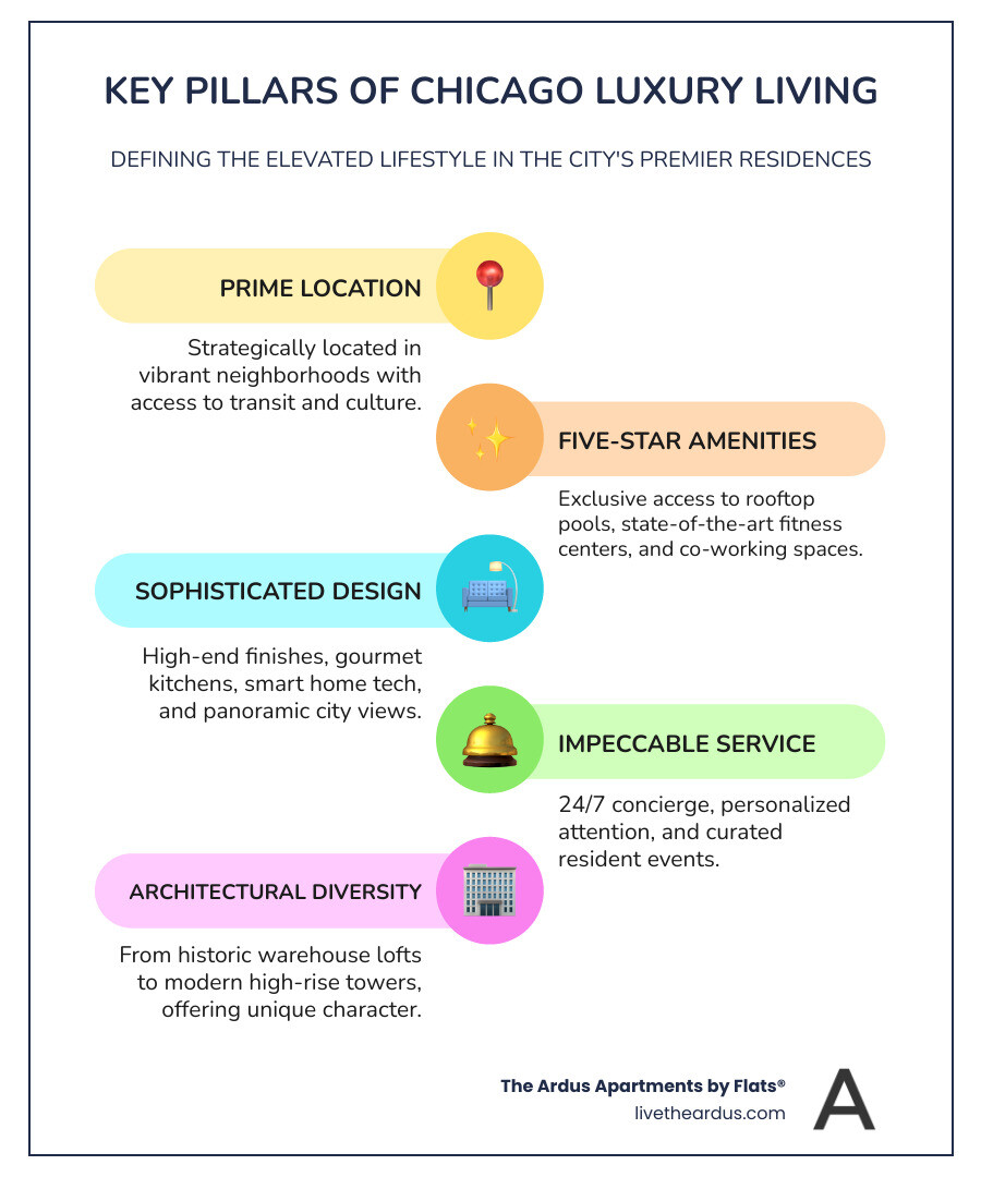 Infographic showing the four pillars of Chicago luxury living: Prime Location with icons of landmarks and transit, Five-Star Amenities with rooftop pool and fitness center, Sophisticated Design with modern interiors and finishes, and Impeccable Service with concierge and resident events - Luxury living Chicago IL infographic infographic-line-5-steps-colors