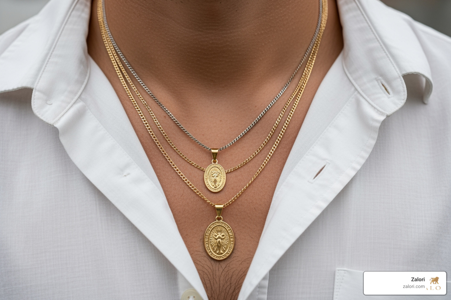 man's torso showing a layered necklace look with a religious pendant as the focal point - mens gold religious pendants man's torso showing a layered necklace look with a religious pendant as the focal point - mens gold religious pendants