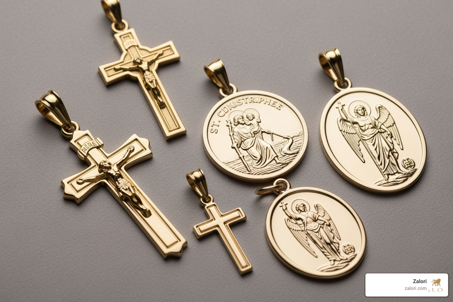 flat lay showcasing various pendant designs like a cross, St. Christopher, and St. Michael amulet - mens gold religious pendants flat lay showcasing various pendant designs like a cross, St. Christopher, and St. Michael amulet - mens gold religious pendants