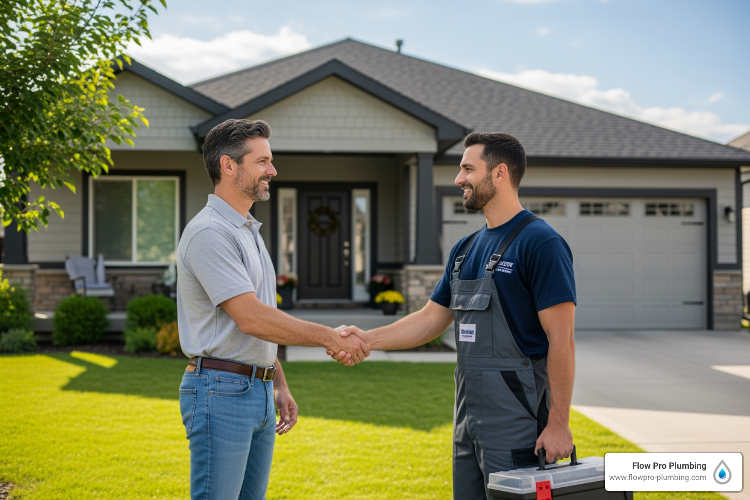 homeowner shaking hands with a plumber outside their home - Find companies that offer professional water heater maintenance in Brentwood, CA homeowner shaking hands with a plumber outside their home - Find companies that offer professional water heater maintenance in Brentwood, CA