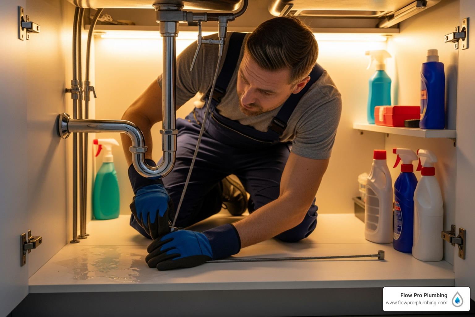 Professional plumber using a drain snake tool to clear a clog under a kitchen sink, with safety gloves and focused expression - My garbage disposal won't drain. I need a plumber in Pittsburg to come take a look at it." Professional plumber using a drain snake tool to clear a clog under a kitchen sink, with safety gloves and focused expression - My garbage disposal won't drain. I need a plumber in Pittsburg to come take a look at it."